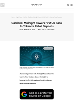 Cardano: Midnight Powers First UK Bank to Tokenize Retail Deposits