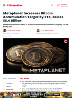 Metaplanet Increases Bitcoin Accumulation Target by 21X, Raises $5.4 Billion - Coinspeaker