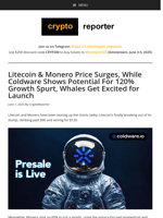 Litecoin & Monero Price Surges, While Coldware Shows Potential For 120% Growth Spurt, Whales Get Excited for Launch
