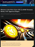 Binance Coin Price Eyes $1K on BNB Treasury Boom, ETF Approval Hopes
