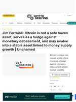Jim Ferraioli: Bitcoin is not a safe haven asset, serves as a hedge against monetary debasement, and may evolve into a stable asset linked to money supply growth | Unchained