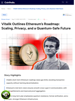 Vitalik Outlines Ethereum’s Roadmap: Scaling, Privacy, and a Quantum-Safe Future