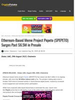 Ethereum-Based Meme Project Pepeto ($PEPETO) Surges Past $6.5M in Presale