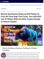 Bitcoin Dominance Drops as ETH Marks Its First All-Time High This Cycle. Turn $20,000 Into $1 Million With Best Crypto Presale of Altcoin Season - Pepeto