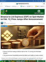 Binance to List Espresso (ESP) on Spot Market on Feb. 12; Price Jumps After Announcement
