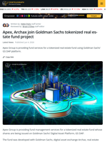 Apex Group Joins Tokenized Real Estate Fund on Goldman Sachs Platform