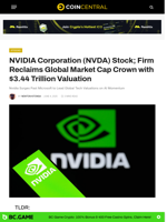 NVIDIA Corporation (NVDA) Stock; Firm Reclaims Global Market Cap Crown with $3.44 Trillion Valuation - CoinCentral