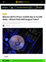 Bitcoin (BTC) Price: $105K Dip or $118K Rally - Which Path Will August Take? - CoinCentral