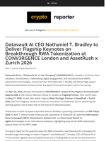 Datavault AI CEO Nathaniel T. Bradley to Deliver Flagship Keynotes on Breakthrough RWA Tokenization at CONV3RGENCE London and AssetRush x Zurich 2026