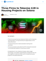 Three Firms to Tokenize $1B in Housing Projects on Solana
