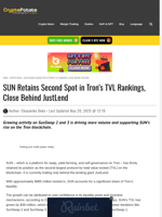 SUN Retains Second Spot in Tron's TVL Rankings, Close Behind JustLend