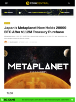 Japan’s Metaplanet Now Holds 20000 BTC After $112M Treasury Purchase
