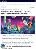 Hunting the Next Dogecoin? 4 Low-Cap Meme Coins With 14,000x Potential