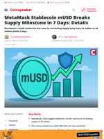 MetaMask mUSD Hits $65M Supply in First Week