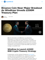 Binance Coin Near Major Breakout As Windtree Unveils $200M Treasury Plan - CryptoNewsZ