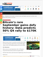 Bitcoin’s rare September gains defy history: Data predicts 50% Q4 rally to $170K - The Crypto News Wire