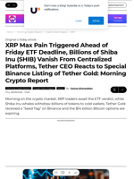 XRP Max Pain Triggered Ahead of Friday ETF Deadline, Billions of Shiba Inu (SHIB) Vanish From Centralized Platforms, Tether CEO Reacts to Special Binance Listing of Tether Gold: Morning Crypto Report - U.Today