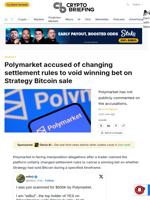 Polymarket accused of cheating on confirmed Strategy Bitcoin sale