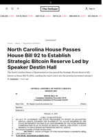 North Carolina House Passes House Bill 92 to Establish Strategic Bitcoin Reserve Led by Speaker Destin Hall - 