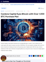 Cardone Capital Eyes Bitcoin with Over 1,000 BTC Purchase Plan