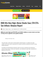 BNB Hits New High, Meme Stocks Soar, ETH ETFs See Inflows: Binance Report