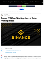 Binance CEO Warns WhatsApp Users of Rising Phishing Threats