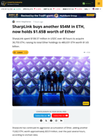 SharpLink Buys $54M in ETH, Holdings Reach $1.65B