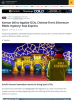 Korean bill to legalize ICOs, Chinese firm’s Ethereum RWAs mystery: Asia Express