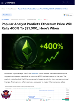 Popular Analyst Predicts Ethereum Price Will Rally 400% To $21,000, Here’s When