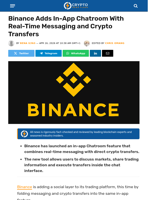 Binance Adds In-App Chatroom With Real-Time Messaging and Crypto Transfers