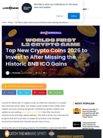 Top New Crypto Coins 2026 to Invest In After Missing the Historic BNB ICO Gains | Live Bitcoin News