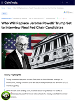 Who Will Replace Jerome Powell? Trump Set to Interview Final Fed Chair Candidates