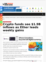Crypto funds see $1.9B inflows as Ether leads weekly gains - The Crypto News Wire