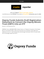 Osprey Funds Submits Draft Registration Statement to Convert the Osprey Bitcoin Trust (OBTC) into an ETF