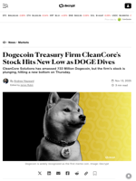 Dogecoin Treasury Firm CleanCore's Stock Hits New Low as DOGE Dives - Decrypt