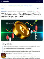 “We’ll Accumulate More Ethereum Than Any Project,” Says Joe Lubin
