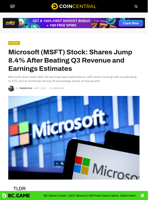 Microsoft (MSFT) Stock: Shares Jump 8.4% After Beating Q3 Revenue and Earnings Estimates - CoinCentral