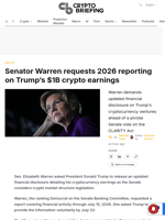 Senator Warren requests 2026 reporting on Trump’s $1B crypto earnings