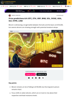 Price predictions for BTC, ETH, XRP, BNB, SOL, DOGE, ADA, SUI, HYPE, LINK