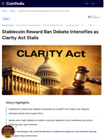 Stablecoin Reward Ban Debate Intensifies as Clarity Act Stalls