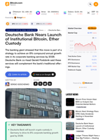 Deutsche Bank Nears Launch of Institutional Bitcoin, Ether Custody