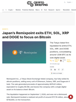 Japan's Remixpoint exits ETH, SOL, XRP and DOGE to focus on Bitcoin