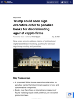 Trump could soon sign executive order to penalize banks for discriminating against crypto firms