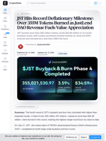 JST Hits Record Deflationary Milestone: Over 355M Tokens Burned as JustLend DAO Revenue Fuels Value Appreciation