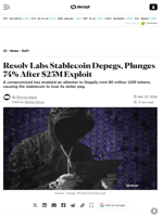 Resolv Labs Stablecoin Depegs, Plunges 74% After $25M Exploit - Decrypt
