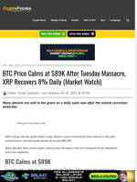 BTC Price Calms at $89K After Tuesday Massacre, XRP Recovers 8% Daily (Market Watch)