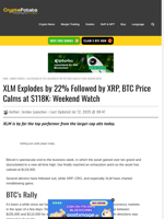 XLM Explodes by 22% Followed by XRP, BTC Price Calms at $118K: Weekend Watch