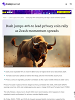 Dash jumps 44% to lead privacy coin rally as Zcash momentum spreads - CoinJournal