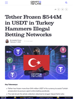Tether Frozen $544M in USDT in Turkey Hammers Illegal Betting Networks
