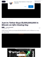 Just In: Tether Buys $1,000,000,000 in Bitcoin on Q3's Closing Day - U.Today